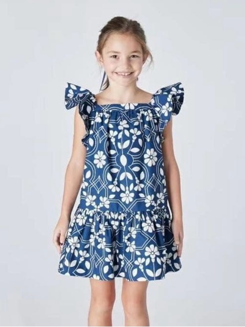 Jacadi Navy Blue Floral Ruffle-Sleeve Dress. Size 4